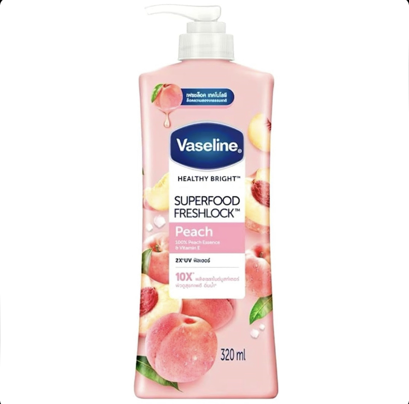 لوسیون بدن آبرسان و روشن‌کننده عصاره هلو و ویتامین‌های B3 و C وازلین Vaseline Superfood Freshlock Peach حجم 320 میل