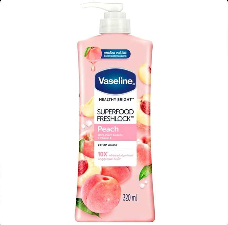 لوسیون بدن آبرسان و روشنکننده عصاره هلو و ویتامینهای B3 و C وازلین Vaseline Superfood Freshlock Peach حجم 320 میل