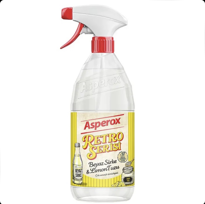 اسپری آسپروکس پاک‌کننده رسوب و لکه آب Asperox Retro حاوی سرکه سفید و نمک لیمو حجم 1000 میل