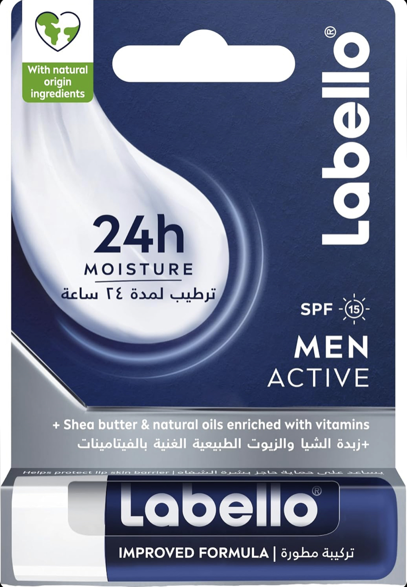 بالم لب مردانه مرطوب‌کننده و ضدآفتاب لابلو Labello Men Active SPF 15 بدون عطر و روغن معدنی وزن 4.8 گرم