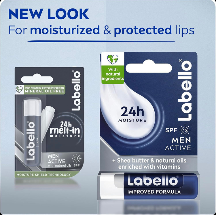 بالم لب مردانه مرطوبکننده و ضدآفتاب لابلو Labello Men Active SPF 15 بدون عطر و روغن معدنی وزن 4.8 گرم