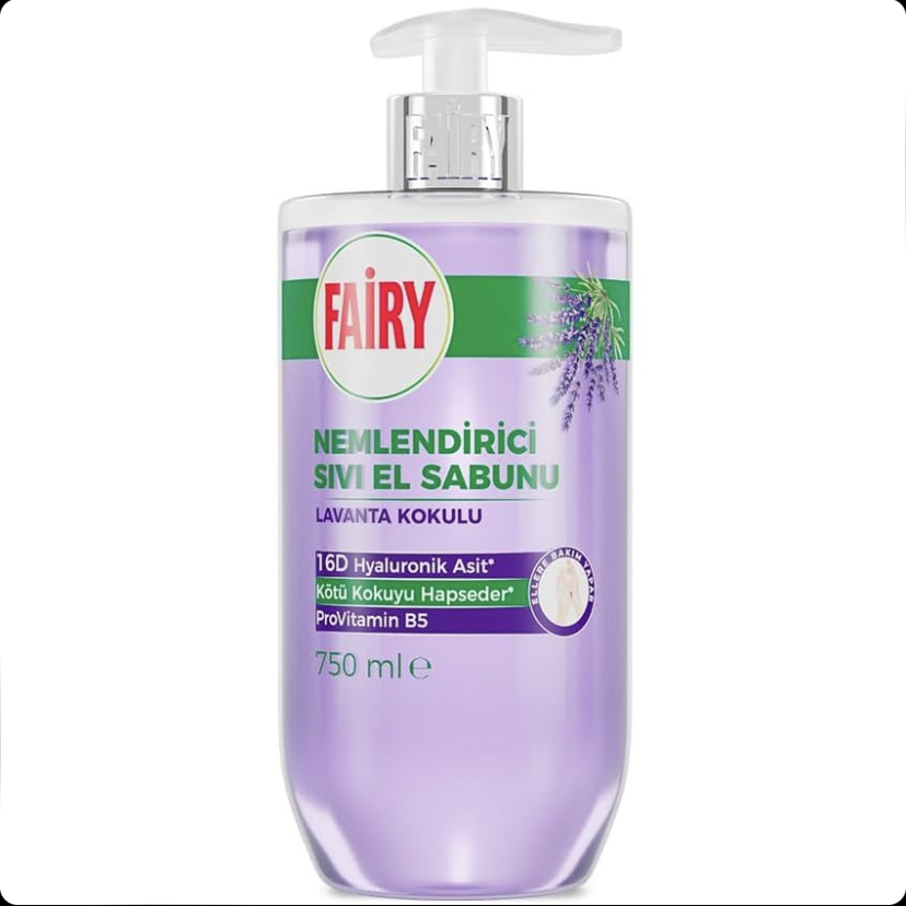 مایع دستشویی مرطوب‌کننده فیری Fairy با رایحه اسطوخودوس حاوی هیالورونیک اسید 16D و پروویتامین B5 حجم 750 میل