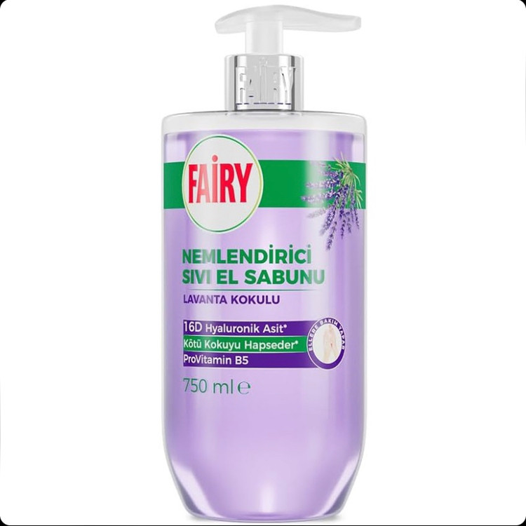 مایع دستشویی مرطوبکننده فیری Fairy با رایحه اسطوخودوس حاوی هیالورونیک اسید 16D و پروویتامین B5 حجم 750 میل