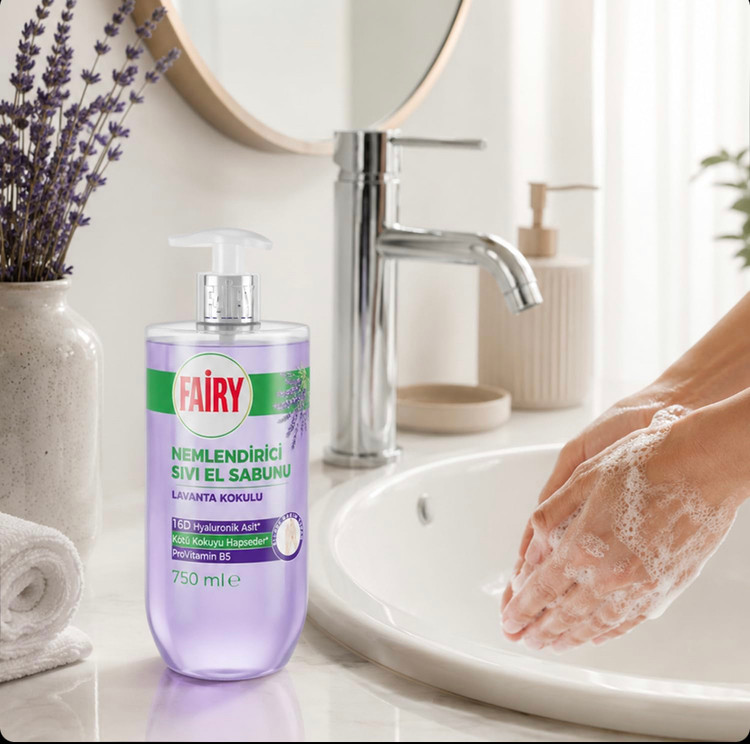 مایع دستشویی مرطوبکننده فیری Fairy با رایحه اسطوخودوس حاوی هیالورونیک اسید 16D و پروویتامین B5 حجم 750 میل