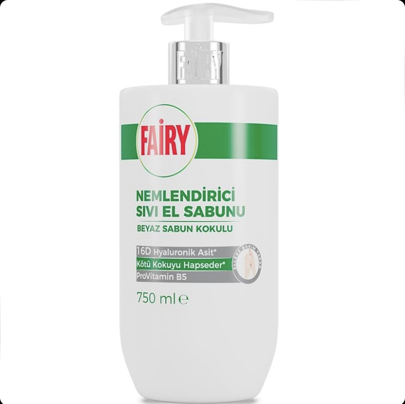 مایع دستشویی مرطوب‌کننده فیری Fairy با رایحه صابون سفید حاوی هیالورونیک اسید 16D و پروویتامین B5 حجم 750 میل