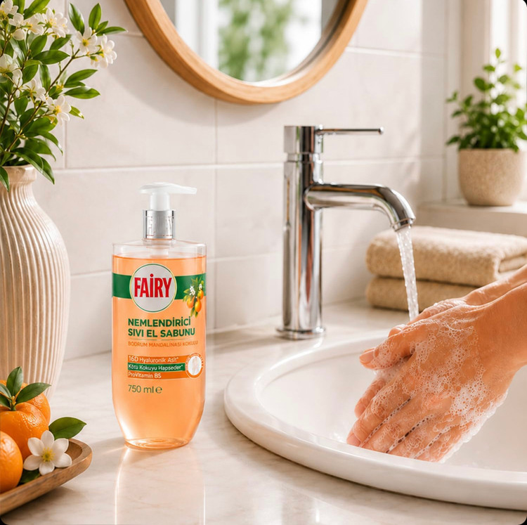 مایع دستشویی مرطوبکننده فیری Fairy با رایحه نارنگی بدروم حاوی هیالورونیک اسید 16D و پروویتامین B5 حجم 750 میل