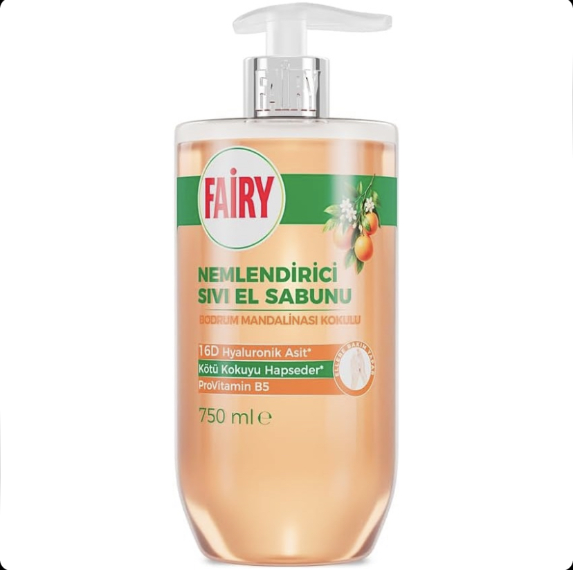 مایع دستشویی مرطوب‌کننده فیری Fairy با رایحه نارنگی بدروم حاوی هیالورونیک اسید 16D و پروویتامین B5 حجم 750 میل