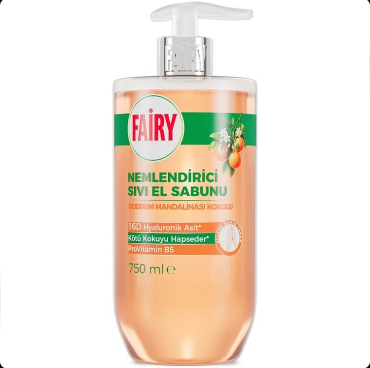 مایع دستشویی مرطوبکننده فیری Fairy با رایحه نارنگی بدروم حاوی هیالورونیک اسید 16D و پروویتامین B5 حجم 750 میل