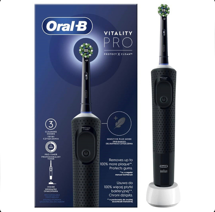 مسواک برقی اورال بی Oral-B Vitality Pro Black به همراه ۲ یدک اضافه با 3 حالت مسواکزدن و تایمر 2 دقیقهای رنگ مشکی