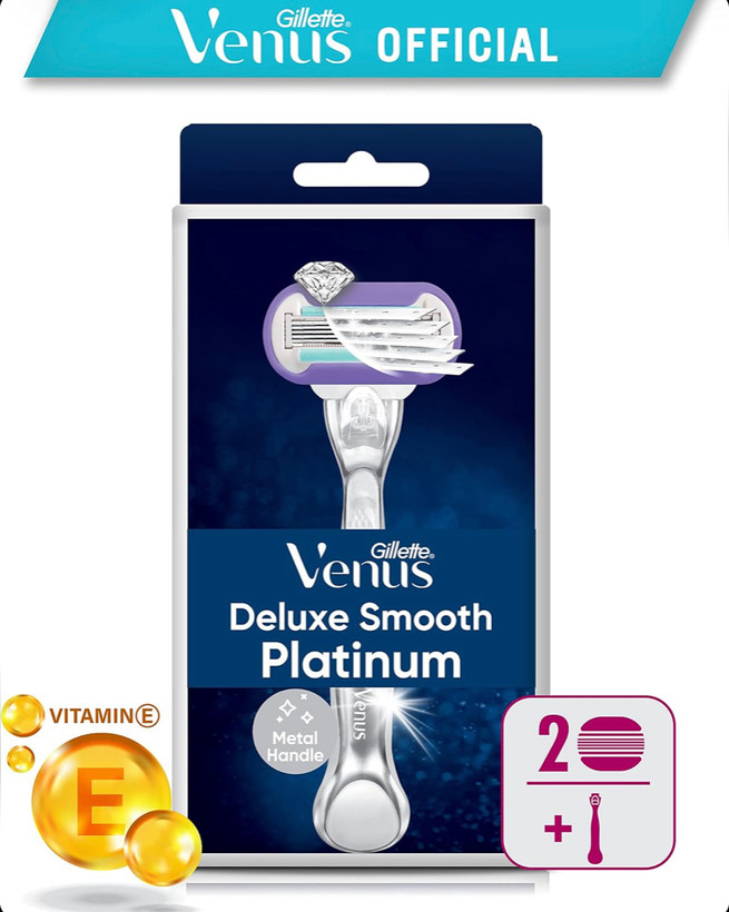 خودتراش زنانه ژیلت ونوس Venus Deluxe Smooth Platinum دارای 5 تیغه با روکش الماسمانند و دسته فلزی به همراه 2 یدک