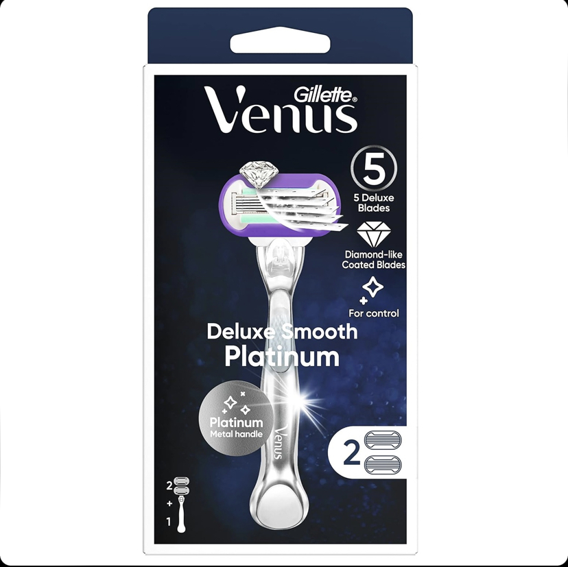 خودتراش زنانه ژیلت ونوس Venus Deluxe Smooth Platinum دارای 5 تیغه با روکش الماس‌مانند و دسته فلزی به همراه 2 یدک