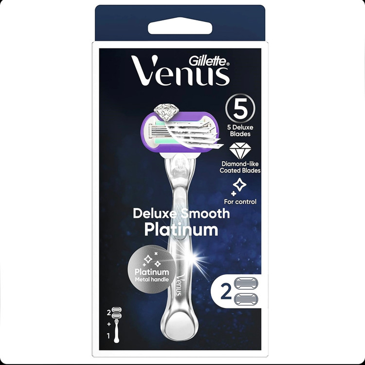 خودتراش زنانه ژیلت ونوس Venus Deluxe Smooth Platinum دارای 5 تیغه با روکش الماسمانند و دسته فلزی به همراه 2 یدک