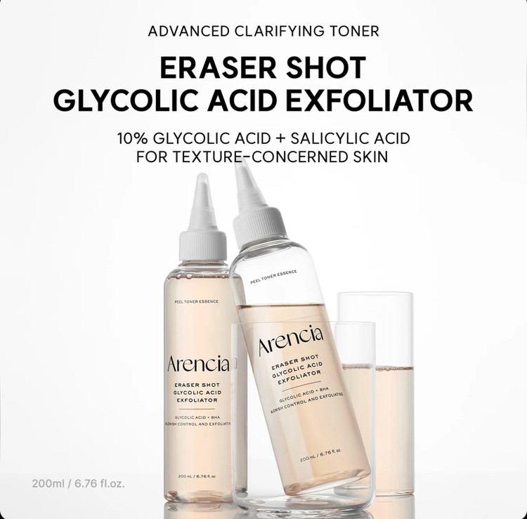 تونر لایهبردار و پاکسازیکننده آرنسیا Arencia Eraser Shot Glycolic Acid Exfoliator حاوی 10٪ گلیکولیک اسید، سالیسیلیک اسید و هیالورونیک اسید حجم 200 میل