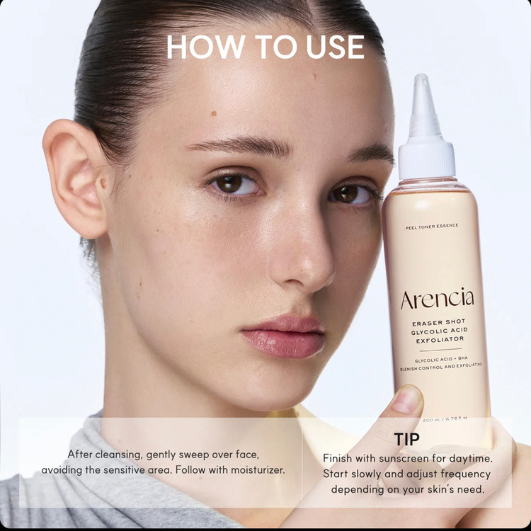 تونر لایهبردار و پاکسازیکننده آرنسیا Arencia Eraser Shot Glycolic Acid Exfoliator حاوی 10٪ گلیکولیک اسید، سالیسیلیک اسید و هیالورونیک اسید حجم 200 میل